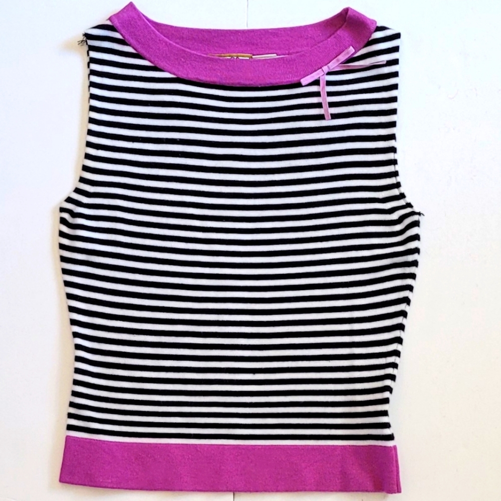 Black and white striped Sleeveless top with pink trim